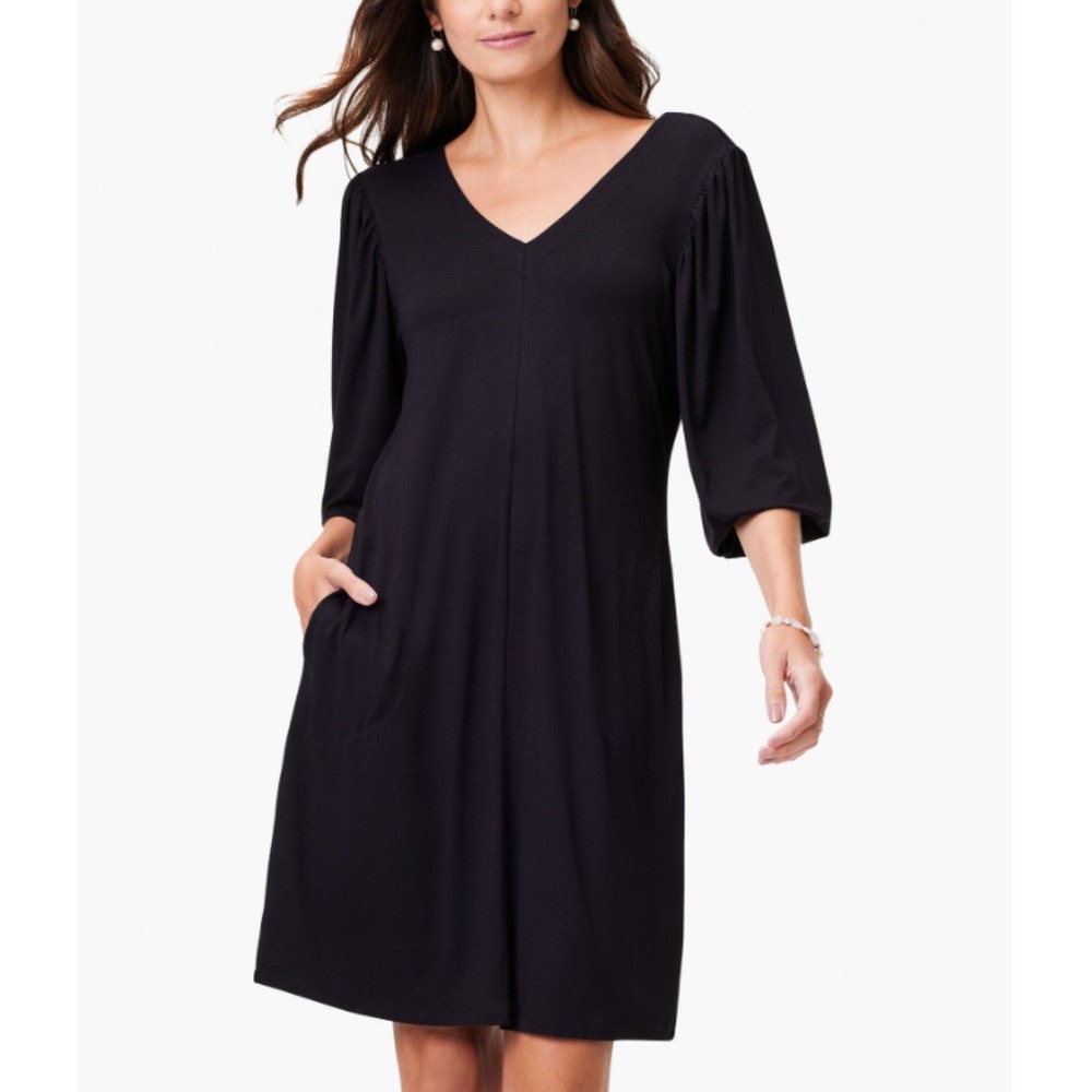 NIC+ZOE Dress Women XS Black Onyx V-Neck Puff Sleeve Pocket Shift S241225 New